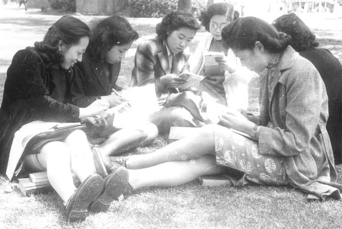 Women students studying outdoors at St. John's